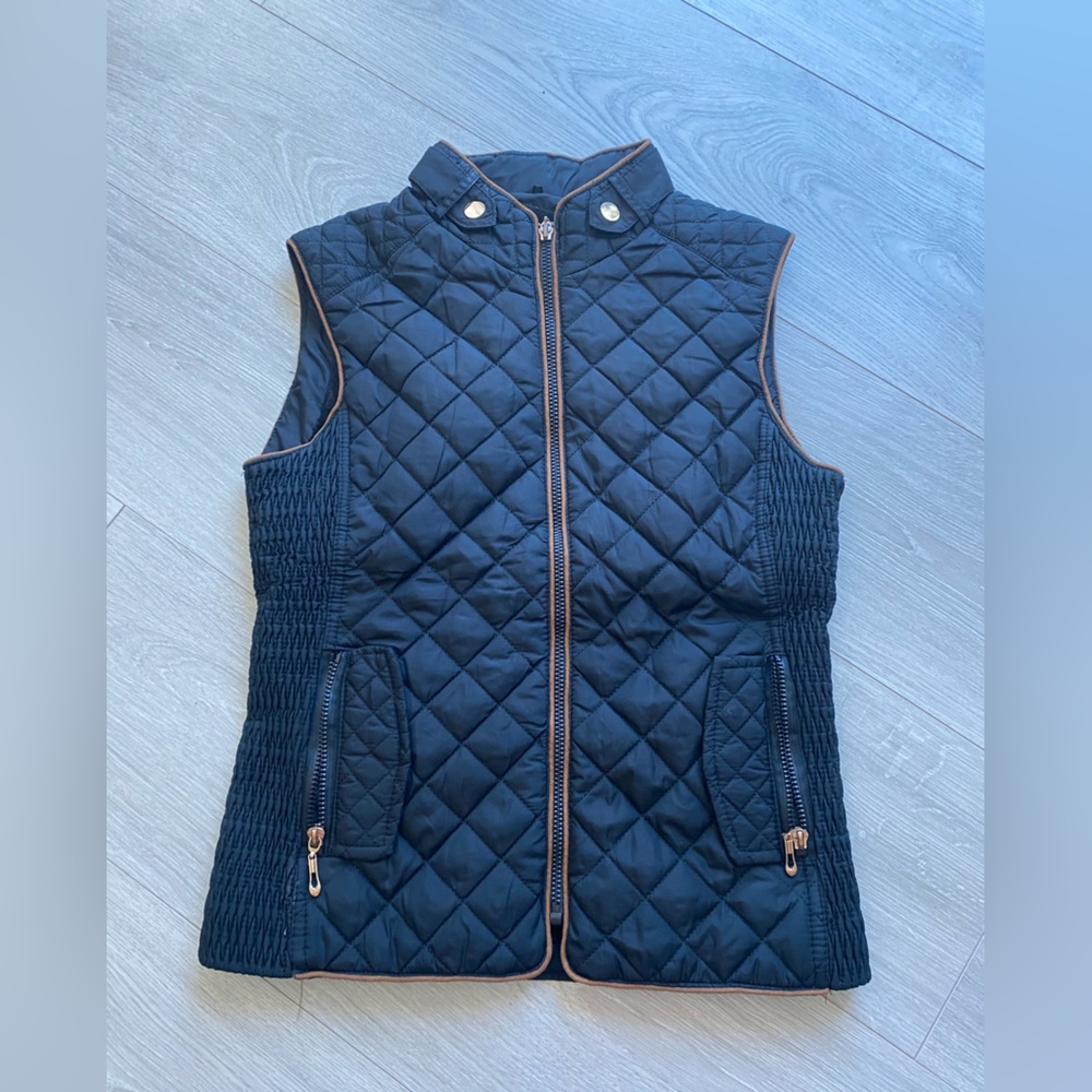 Quilted Black Vest with Brown Trim